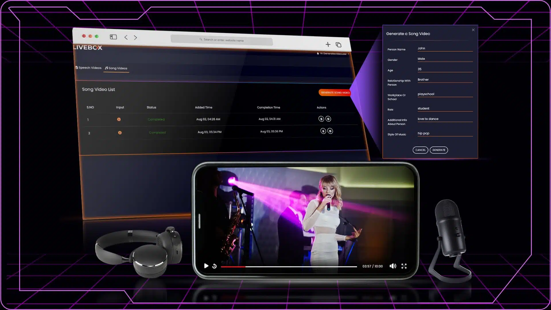 AI-powered music video creation interface on Livebox